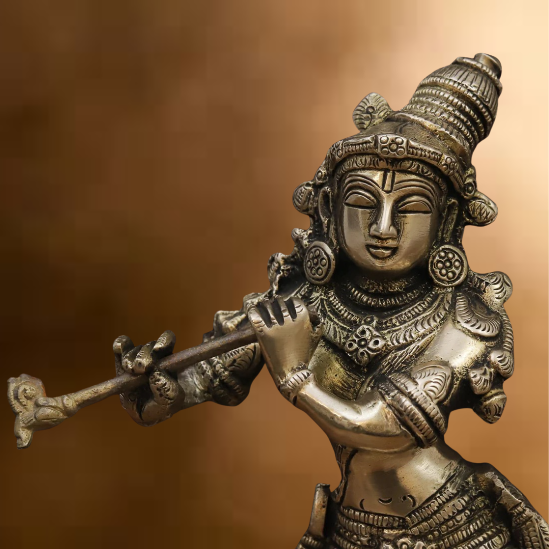 Brass Krishna Idol, Playing Flute Beside Cow, Golden work, 11"