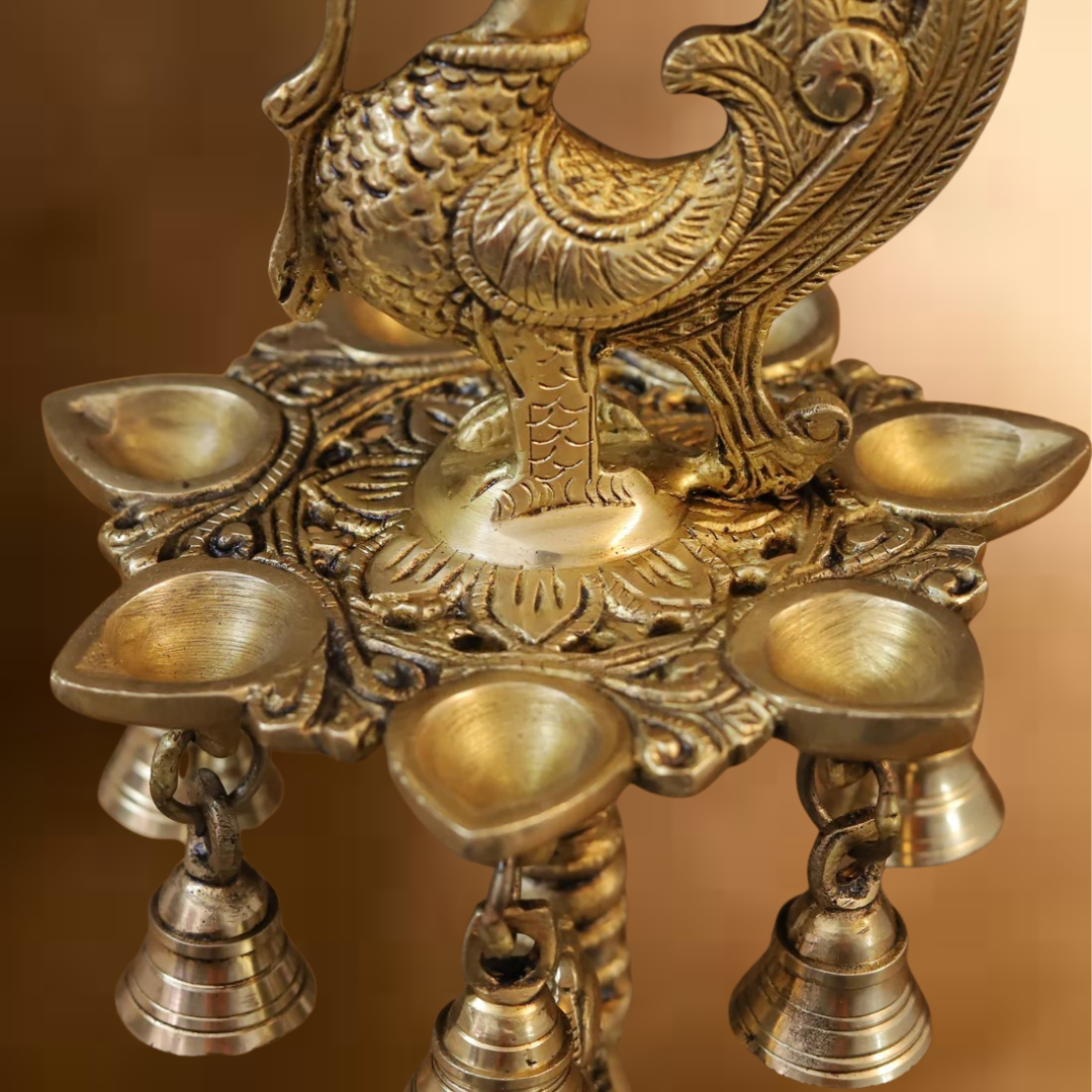 Brass Peacock Diya, with Bells, Fine Golden Finish 16.5"