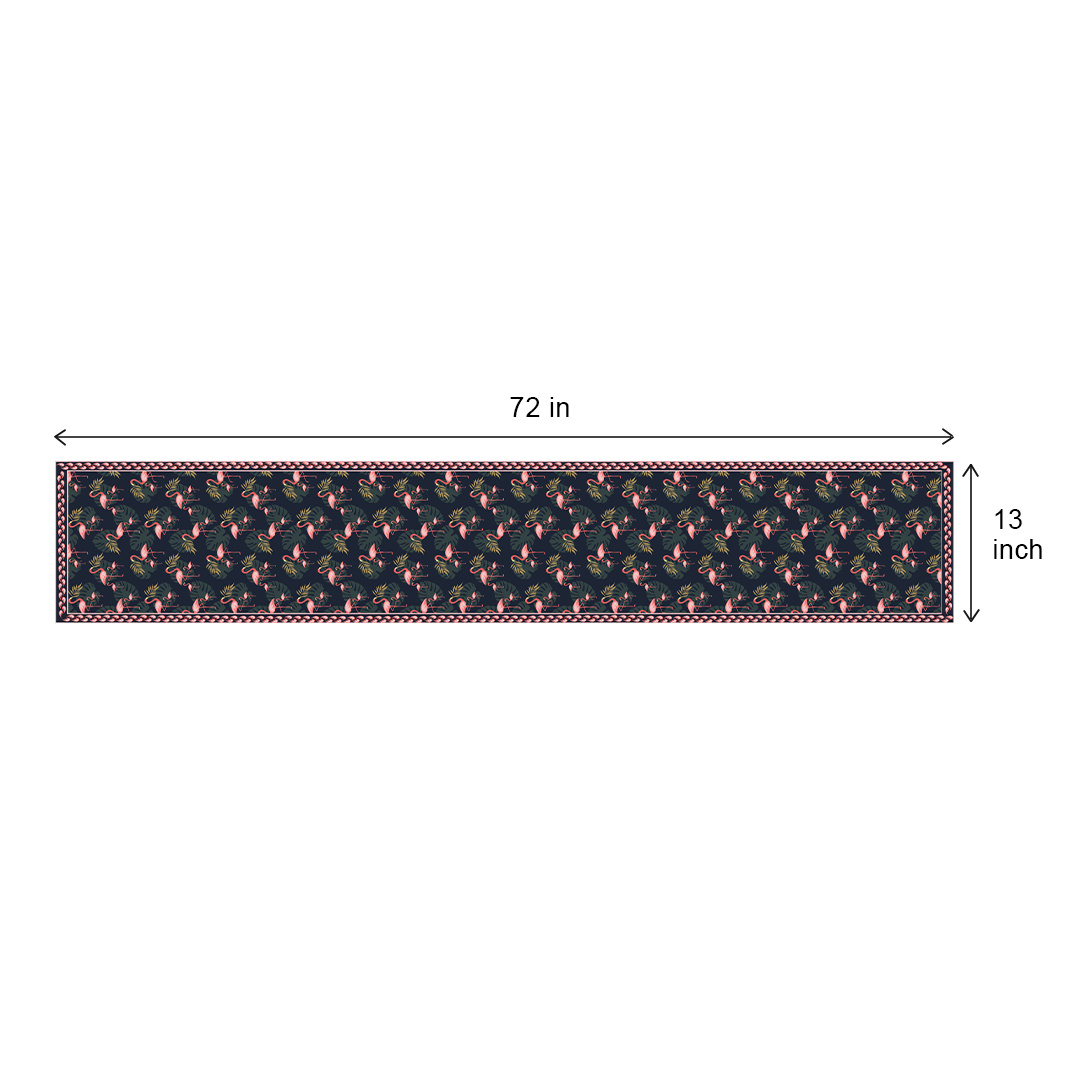 Size chart showing 72 by 13 inch table runner with flamingo print pattern layout
