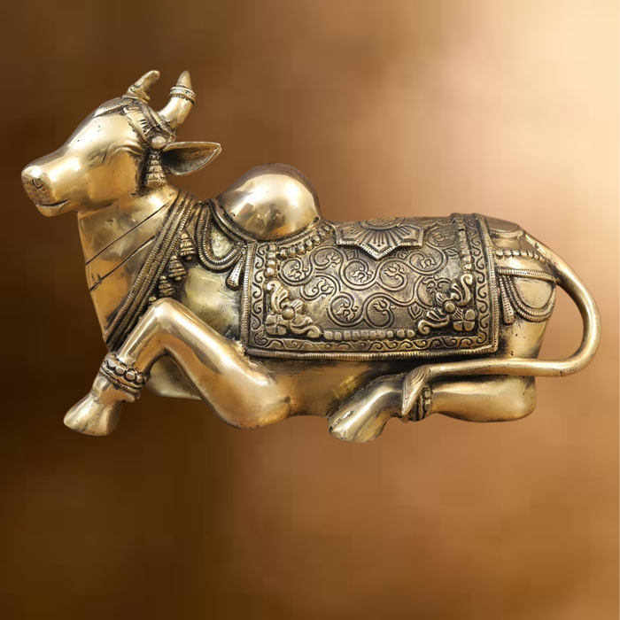 Brass Nandi Statue, Shiva's Timeless Companion, Fine Golden Finish, 7"