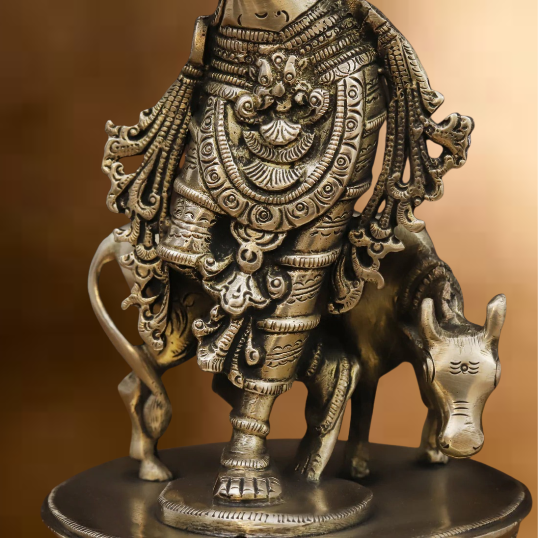 Brass Krishna Idol, Playing Flute Beside Cow, Golden work, 11"