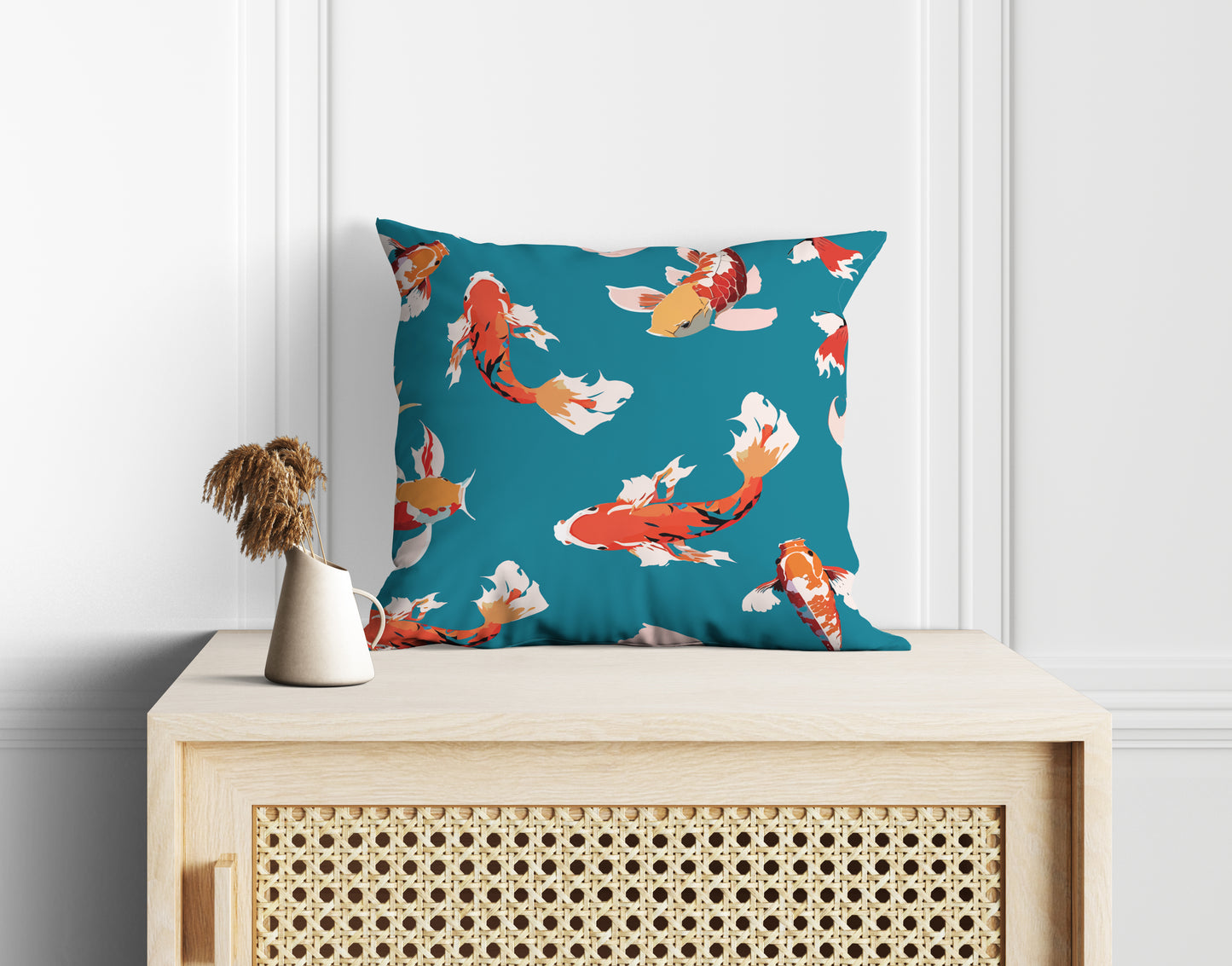 Astitva Koi Lagoon Cushion Cover Set of 5– 16x16 Inch (Silk Poly Mix)