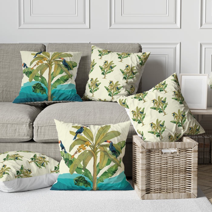 Astitva Tropical Haven Cushion Cover Set of 5– 16x16 Inch (Silk Poly Mix)
