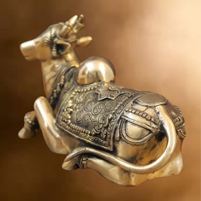 Brass Nandi Statue, Shiva's Timeless Companion, Fine Golden Finish, 7"