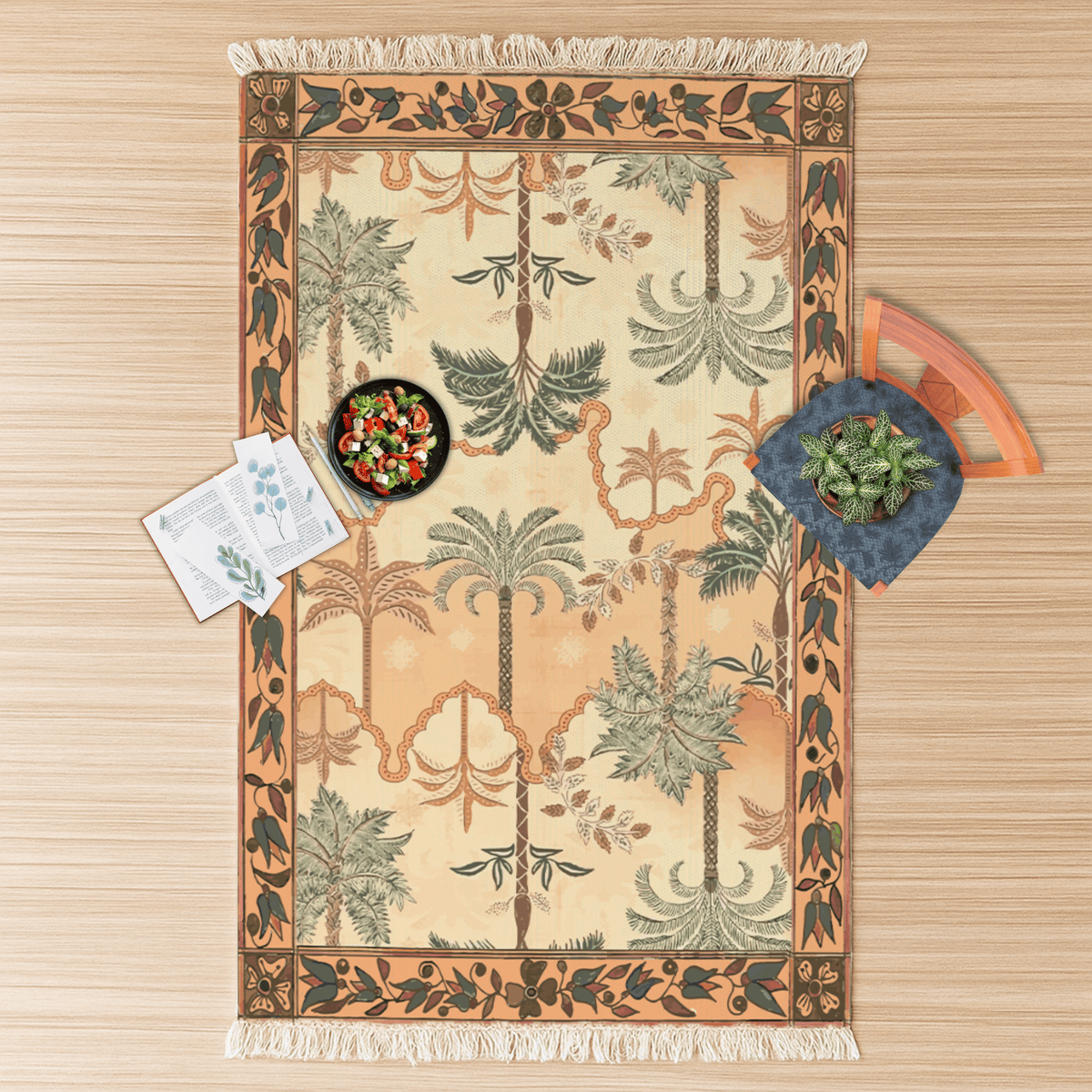 Overhead flat lay of the tropical palm tree Dhurrie rug with a snack bowl and a small houseplant on top