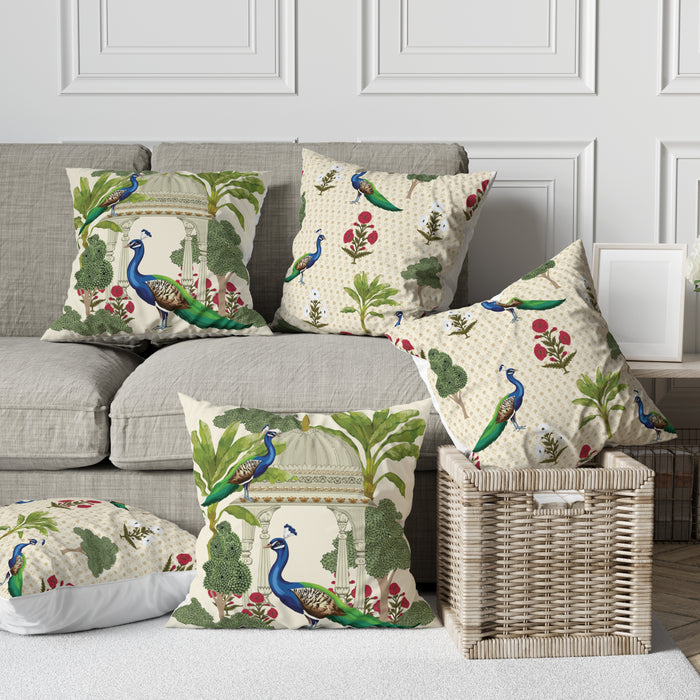 Astitva Royal Peacock Garden Cushion Cover Set of 5 – 16x16 Inch (Silk Poly Mix)