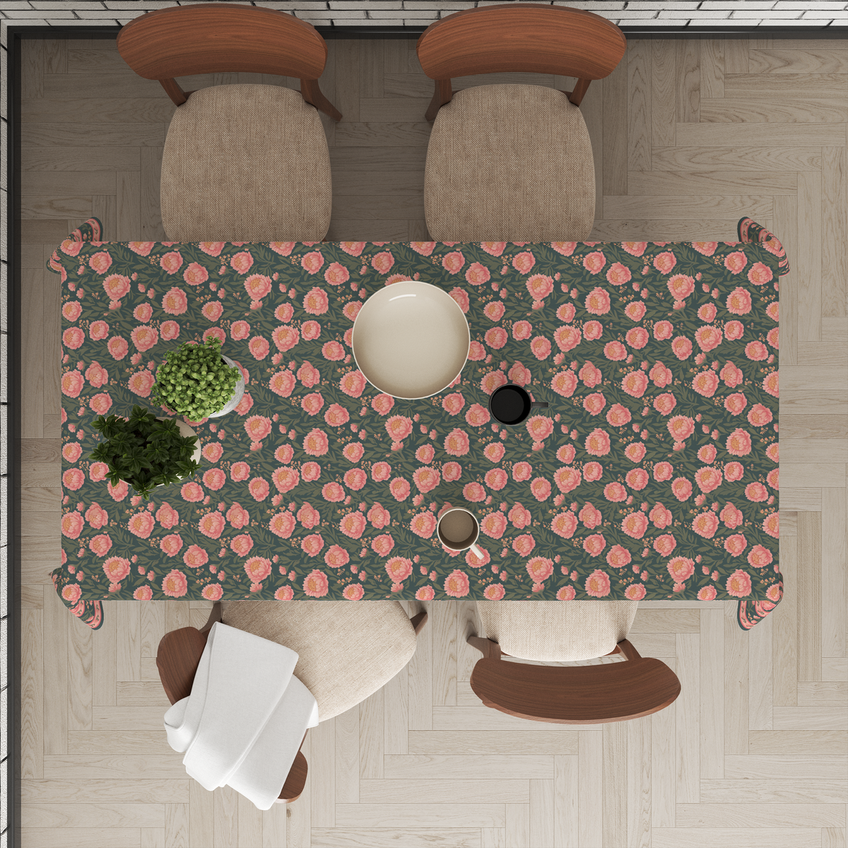 Green Flowers Table Cloth for 8 Seater Dining Table | Digital Print