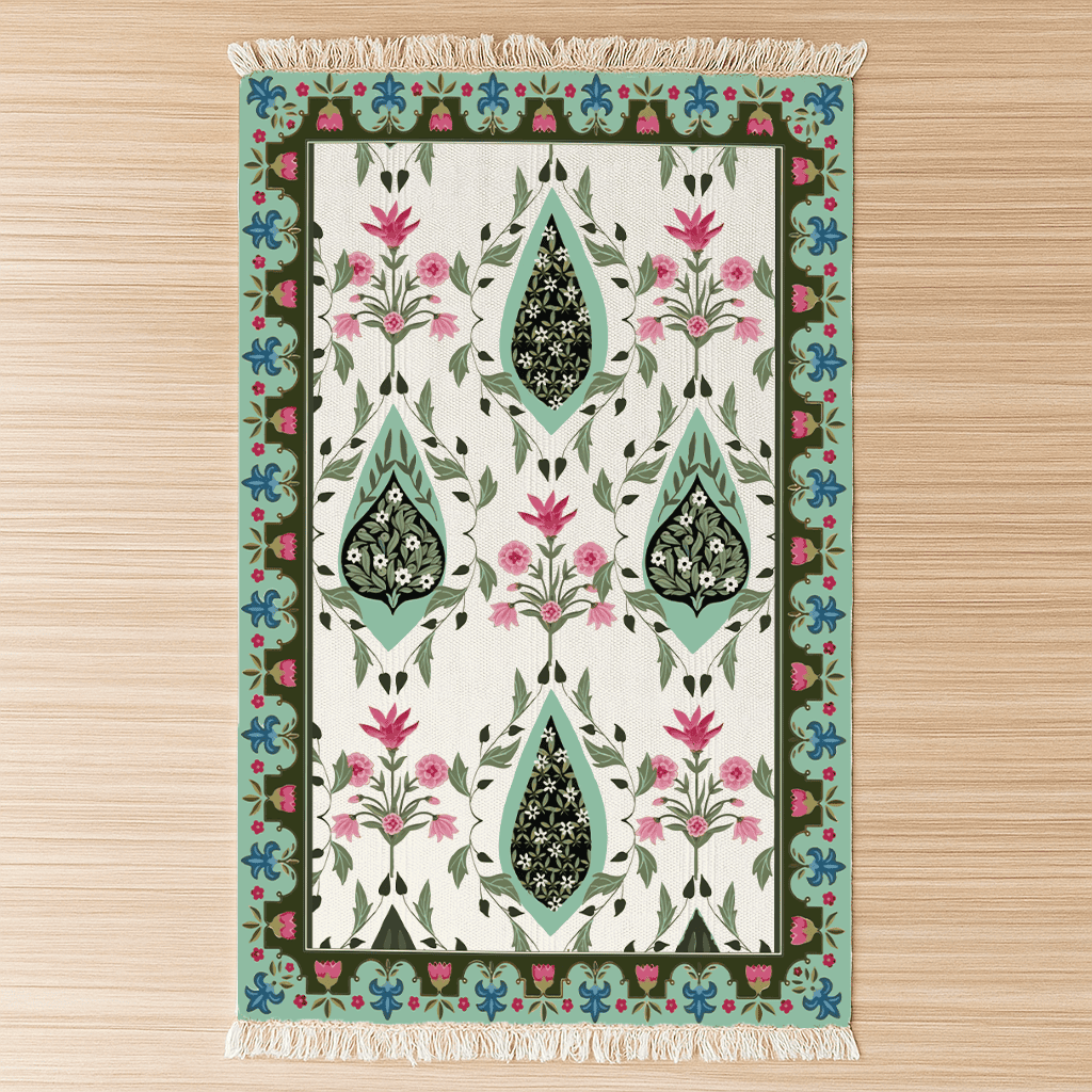Top-down view of the paisley medallion Dhurrie rug laid flat on the floor, poly silk
