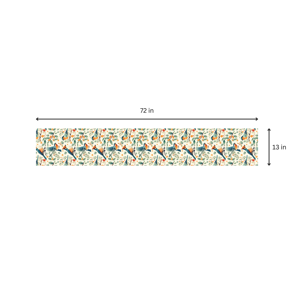 Bird in Nest table runner size chart showing small size, 45 x 13 inches