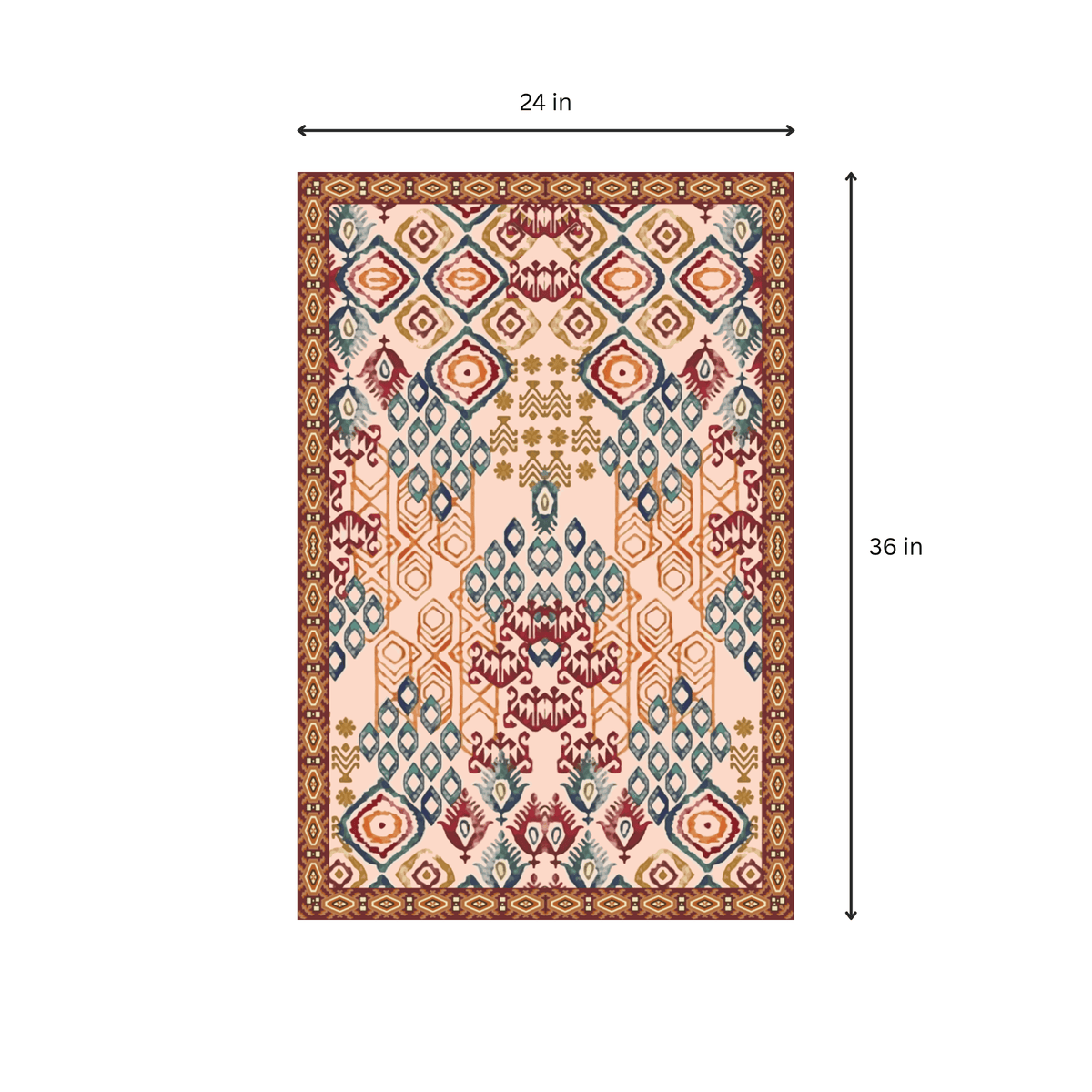 Size chart showing 24 x 36 in (2x3 feet) dimensions for the Dhurrie rug
