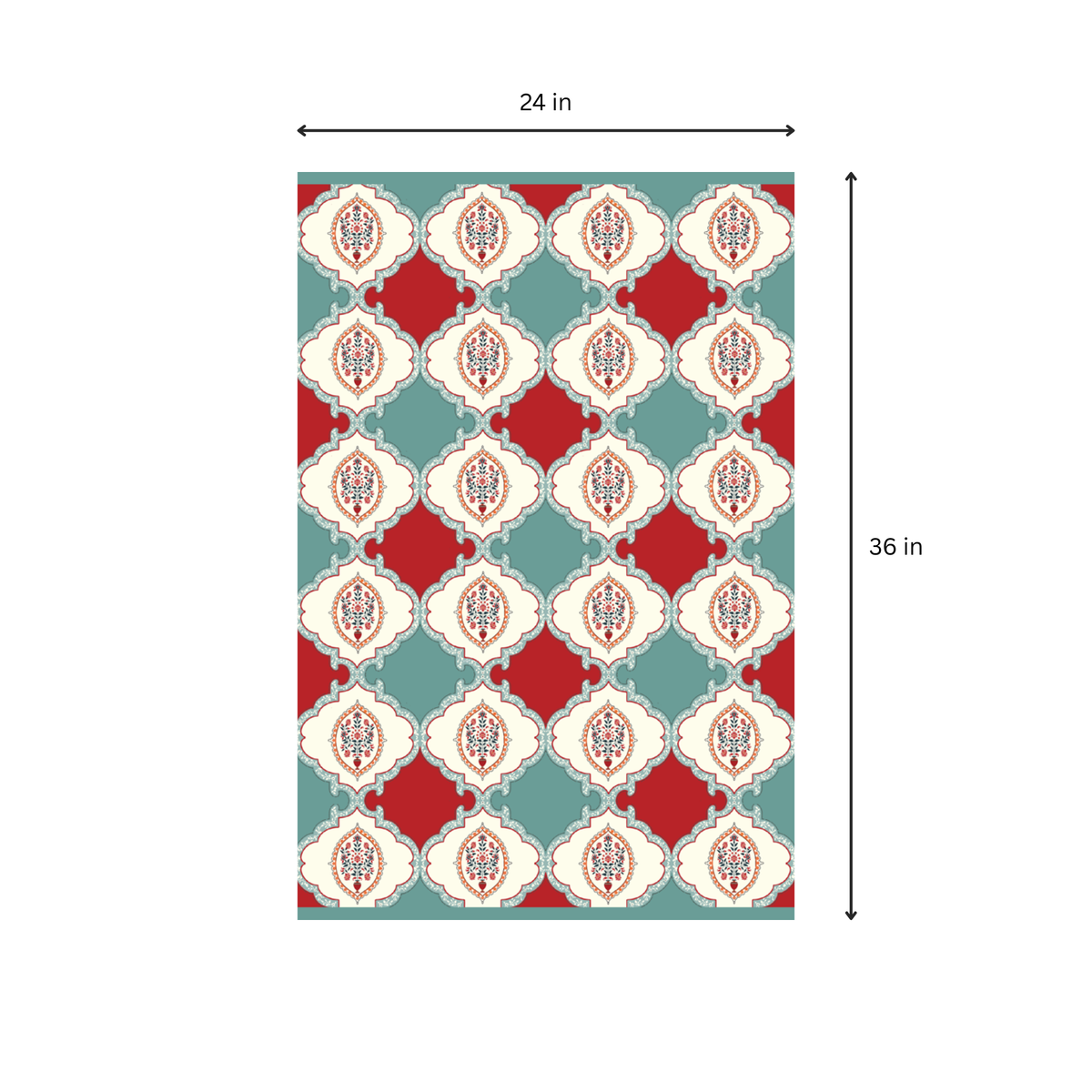 Size chart showing 24 x 36 in (2x3 feet) dimensions for the Dhurrie rug