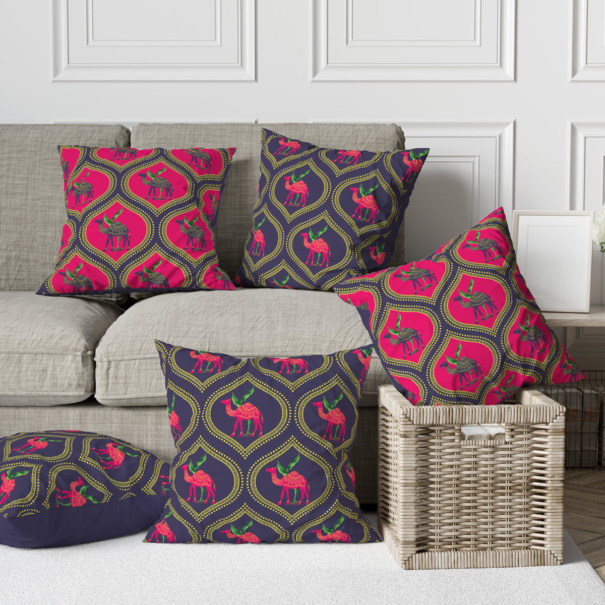 Astitva Royal Caravan Cushion Cover Set of 5 – 16x16 Inch (Silk Poly Mix)