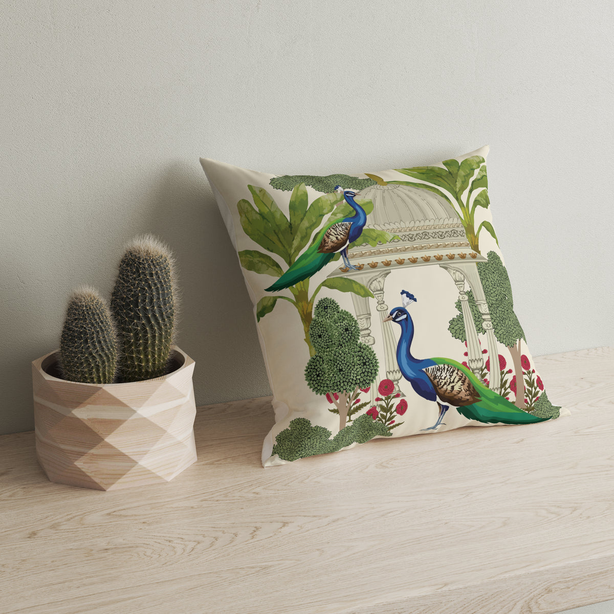 Astitva Royal Peacock Garden Cushion Cover Set of 5 – 16x16 Inch (Silk Poly Mix)