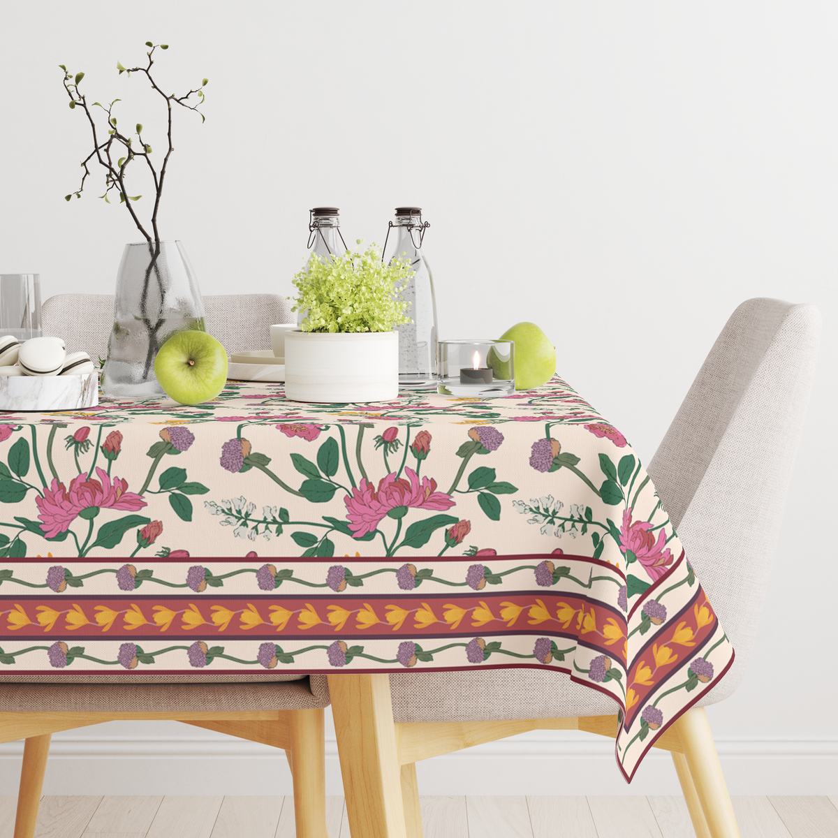 Pink Floral Table Cloth for 6 Seater Dining Table