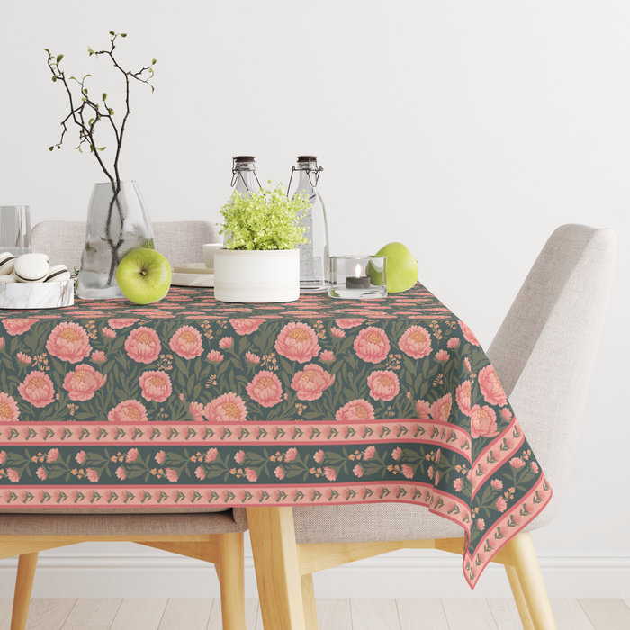 Green Flowers Table Cloth for 8 Seater Dining Table | Digital Print