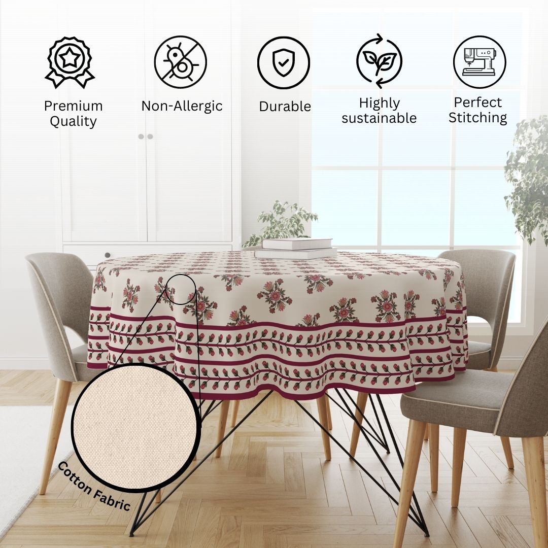 Cotton fabric close-up with quality icons: premium, non-allergic, durable, sustainable, stitching