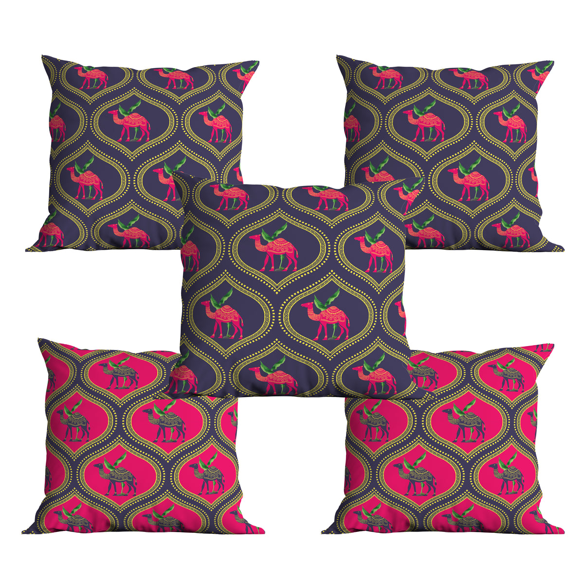 Astitva Royal Caravan Cushion Cover Set of 5 – 16x16 Inch (Silk Poly Mix)