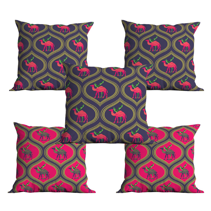 Astitva Royal Caravan Cushion Cover Set of 5 – 16x16 Inch (Silk Poly Mix)