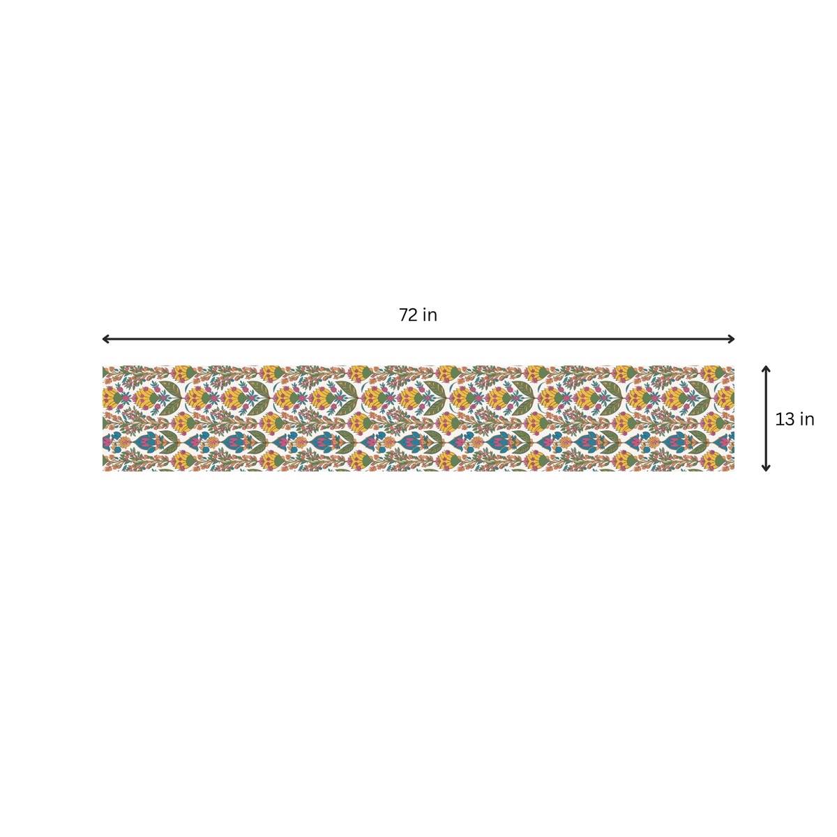 Yellow Flowers table runner size chart showing small size, 45 x 13 inches