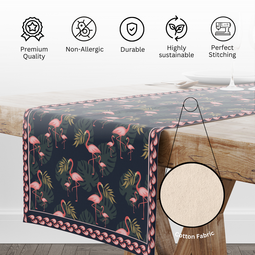 Cotton fabric close-up with quality, durability and stitching icons, Flamingo Blue table runner