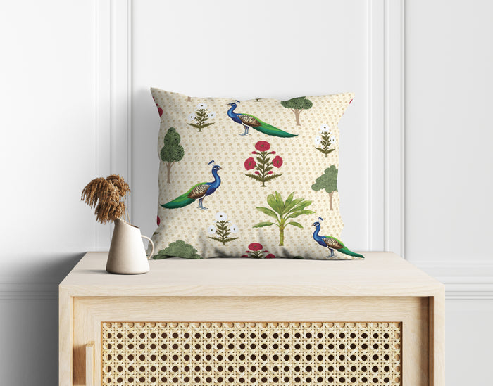 Astitva Royal Peacock Garden Cushion Cover Set of 5 – 16x16 Inch (Silk Poly Mix)
