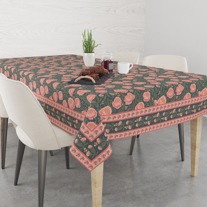 Green Flowers Table Cloth for 8 Seater Dining Table | Digital Print