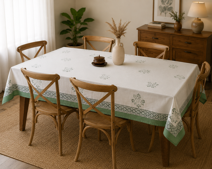 White tablecloth with a sage-green floral block print border and diamond lattice trim, shown from another angle with tableware