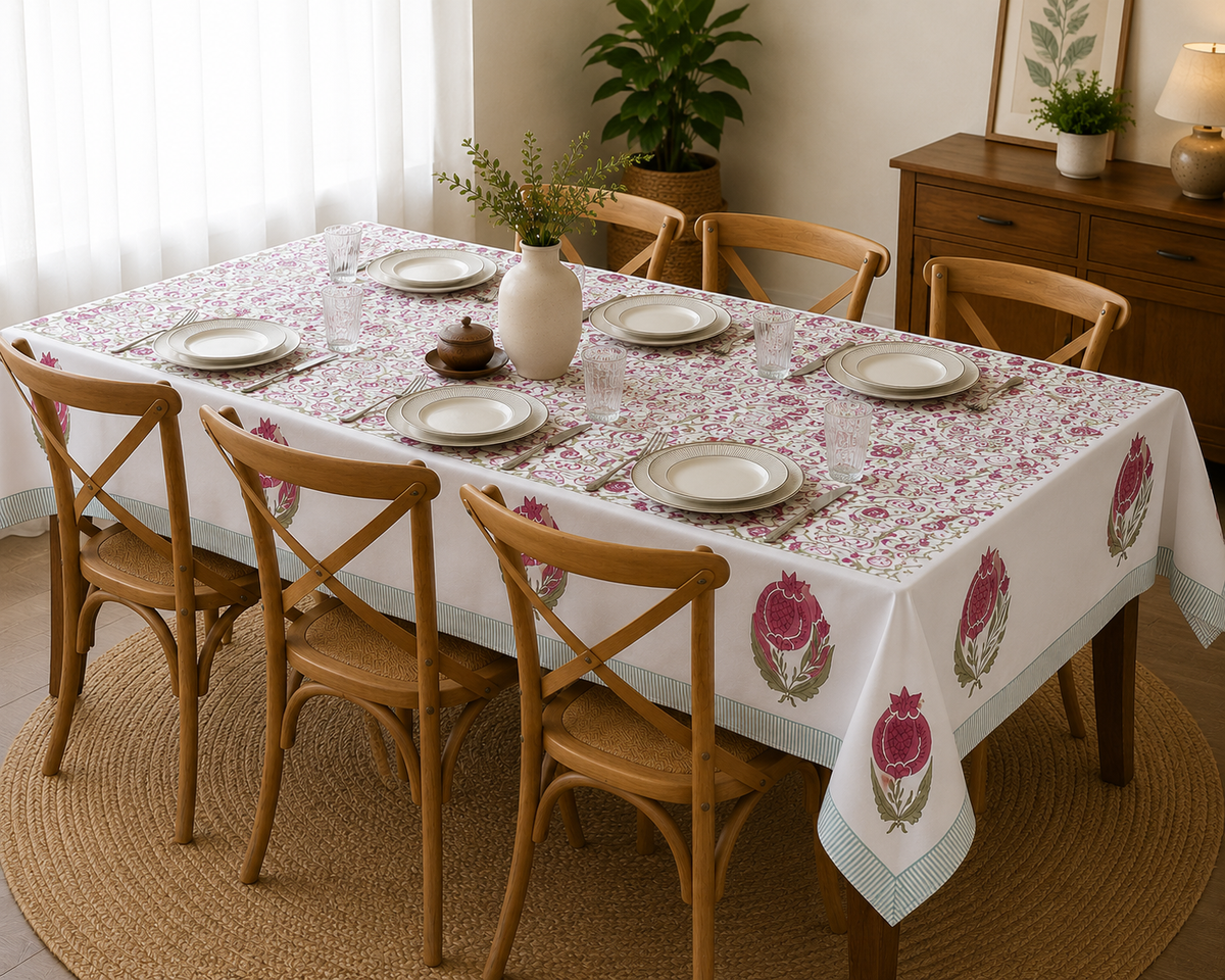 Blush Pomegranate Block Printed Rectangle Table Cloth – 6 Seater