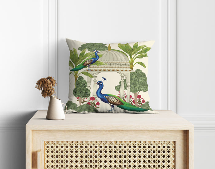Astitva Royal Peacock Garden Cushion Cover Set of 5 – 16x16 Inch (Silk Poly Mix)