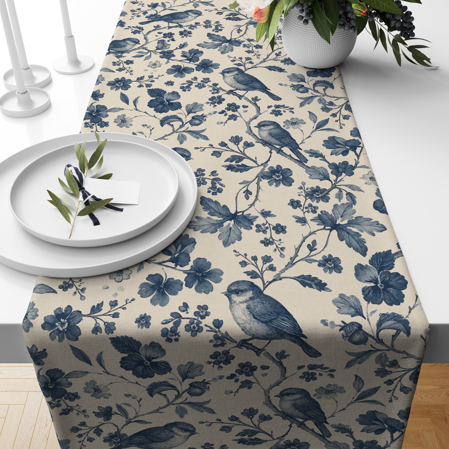 Cream table runner with a monochrome indigo bird-and-vine toile print, styled on a wooden dining table