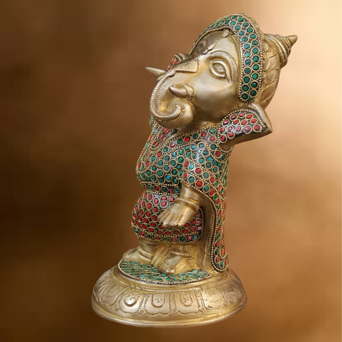 Brass Baby Ganesh standing, Golden & Stonework, 9"