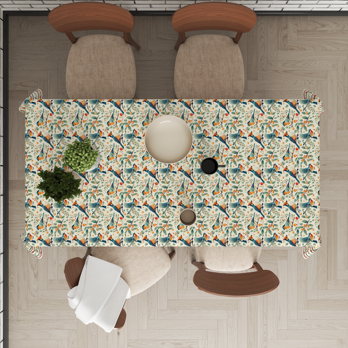 Bird in Nest Table Cloth for 6 Seater Dining Table