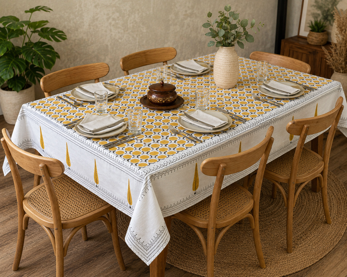 White tablecloth with a small yellow and navy diamond geometric print, mustard teardrop border, styled with a full table setting