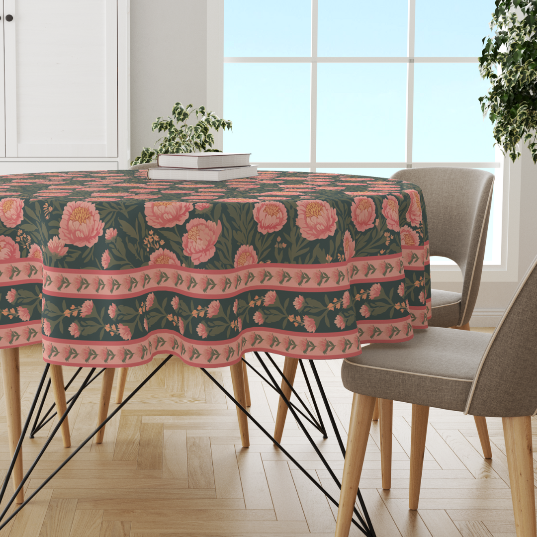 Green Pink Flowers | Premium Quality | Table Cloth/ Table Linen | Kitchen Linen image 1