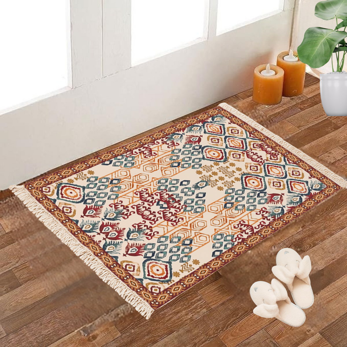 Cream Dhurrie rug with a blue, maroon, and mustard ikat diamond print, poly silk, 2x3 feet