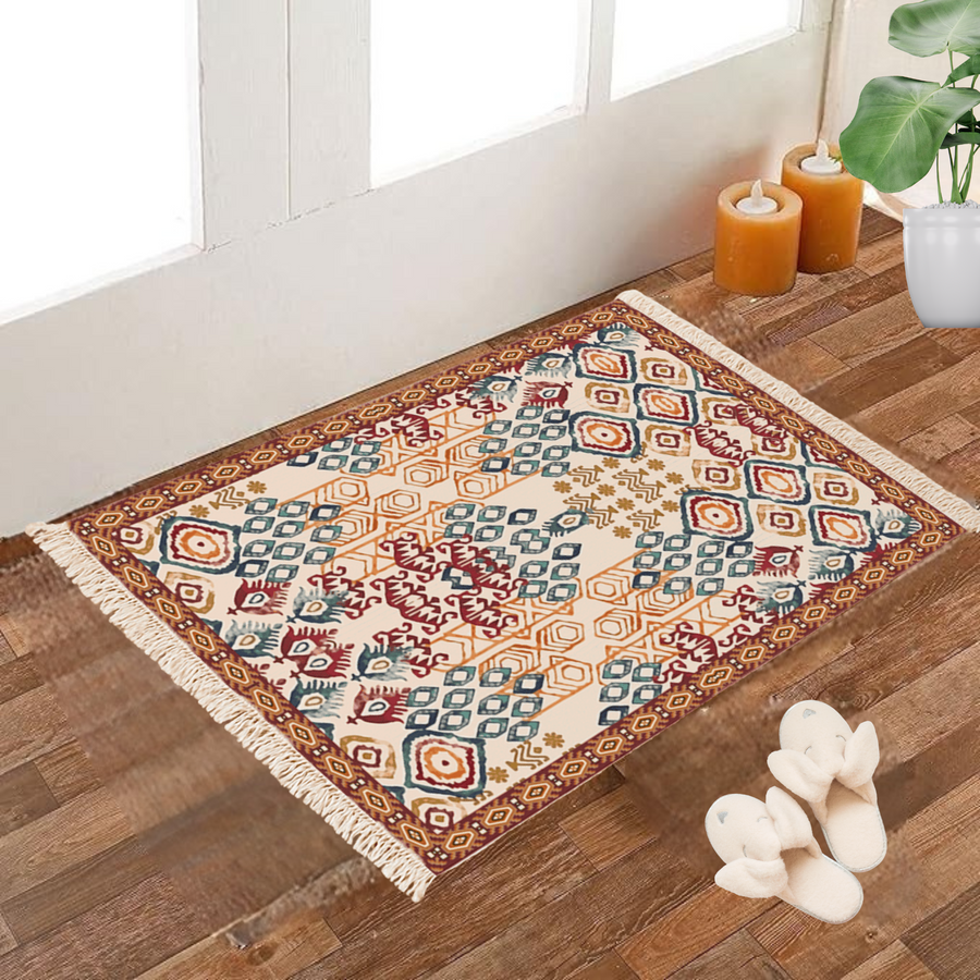 Cream Dhurrie rug with a blue, maroon, and mustard ikat diamond print, poly silk, 2x3 feet