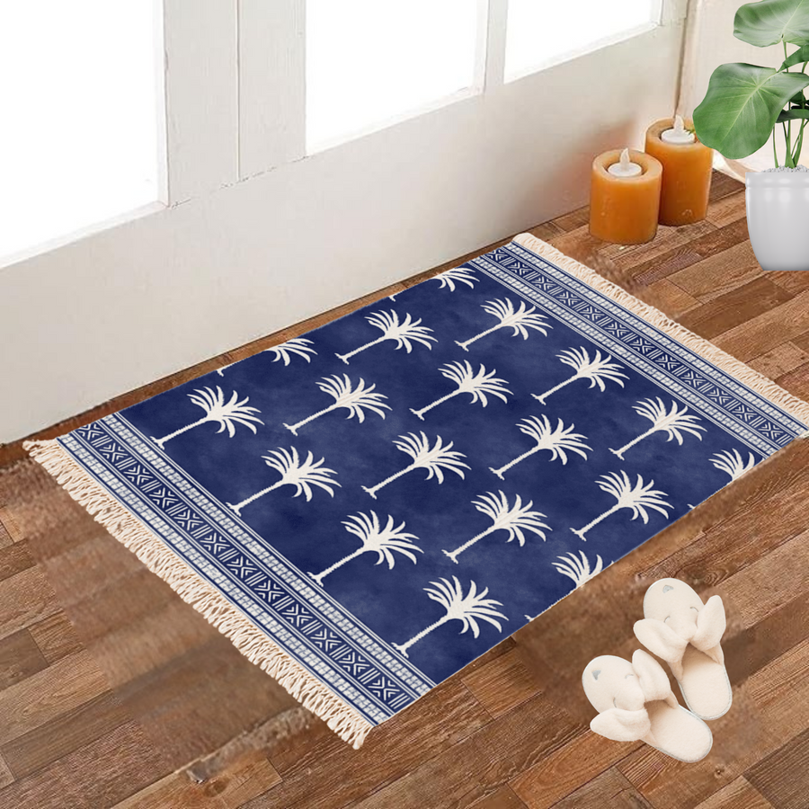 Navy blue Dhurrie rug with a white palm tree silhouette print, poly silk, 2x3 feet