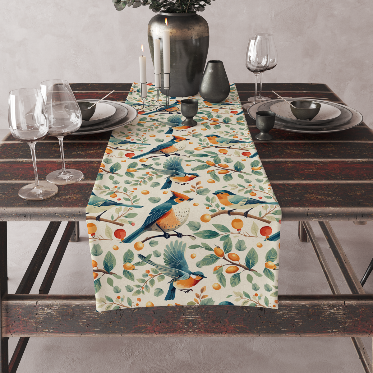 Cream table runner with blue and orange birds among branches with berries and citrus fruit, set on a full dining table with candles