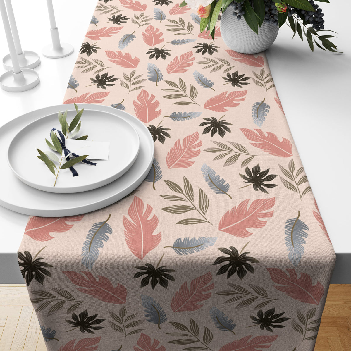 Tropical Leaves(Pink)| Table Runner/ Table Linen| Premium Quality| Kitchen Linen image 1