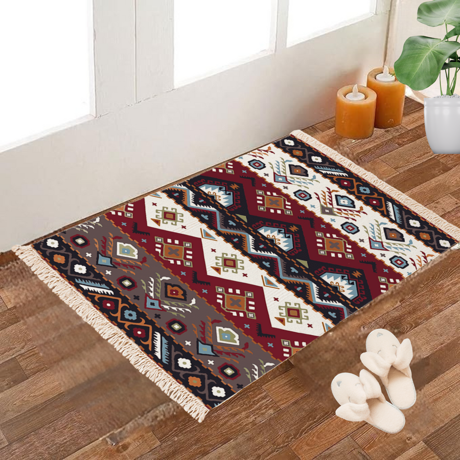 Maroon, grey, and cream Dhurrie rug with a southwestern geometric diamond pattern, poly silk, 2x3 feet