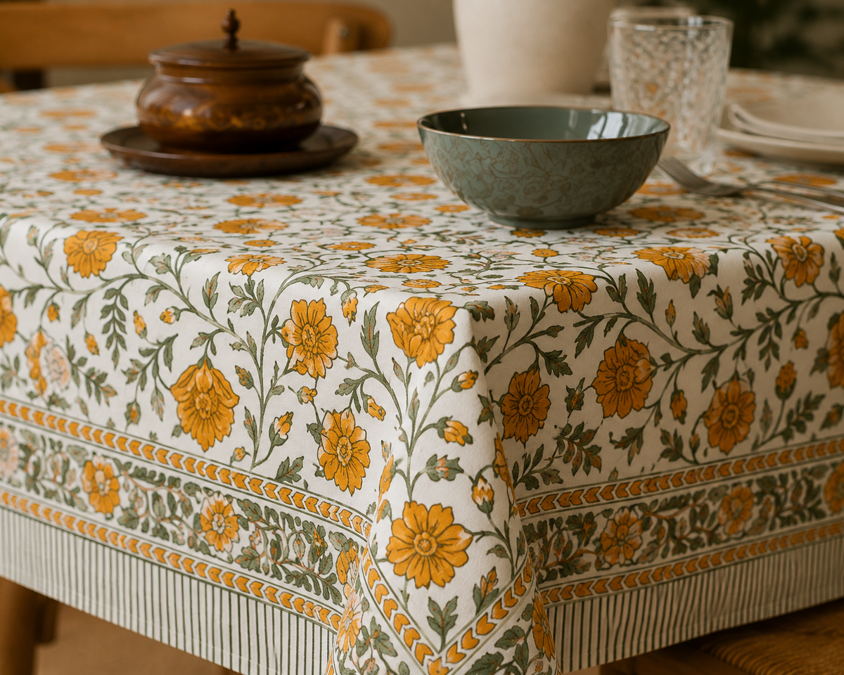 Summer Flowers Block Printed Rectangle Table Cloth – 6 Seater
