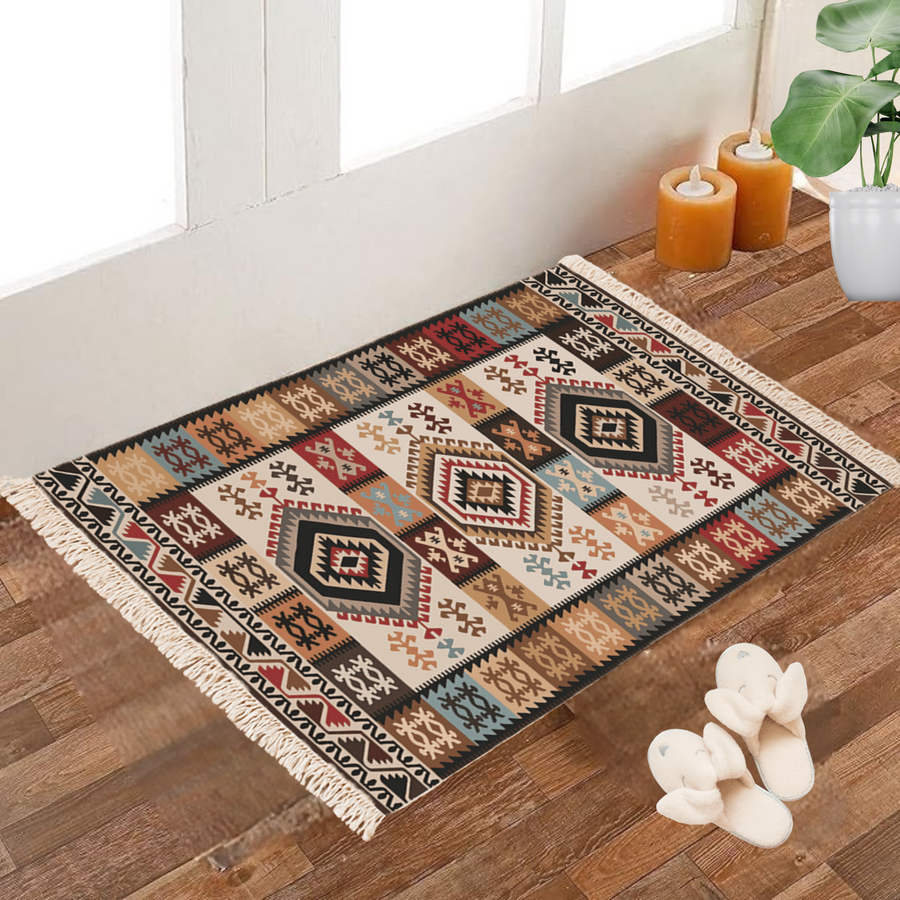 Rust and brown Dhurrie rug with a kilim-style diamond medallion pattern, poly silk, 2x3 feet