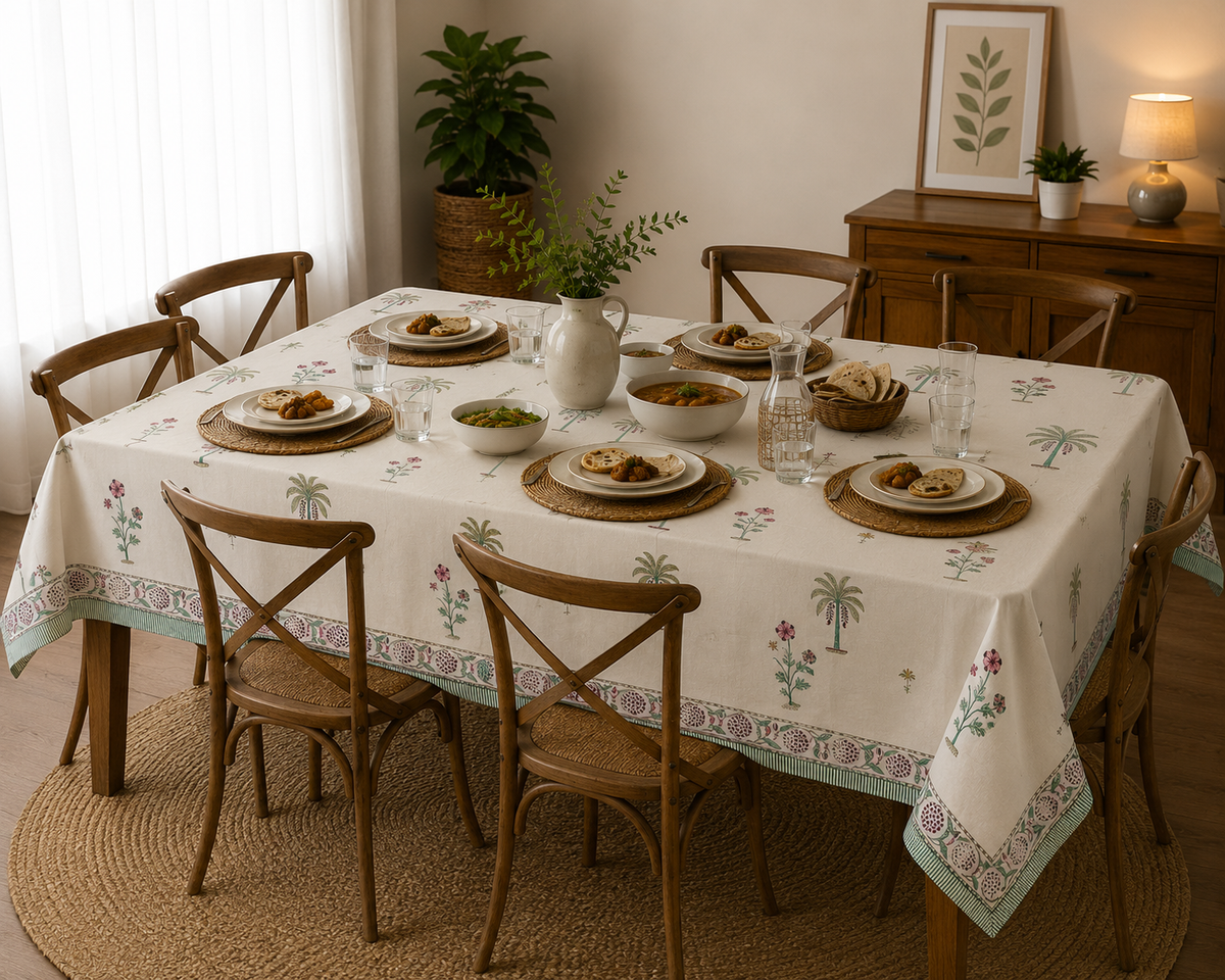 Palm Grove Block Printed Rectangle Table Cloth – 6 Seater
