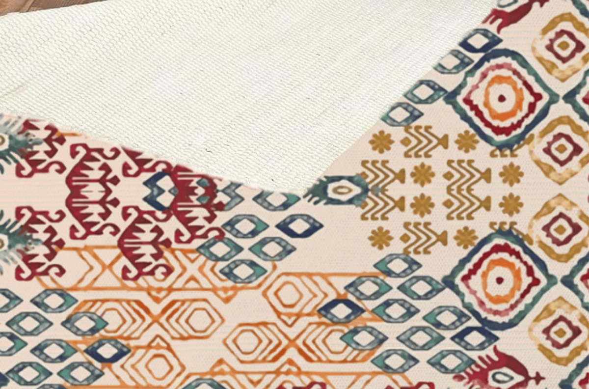 Close-up of a folded-back corner showing the woven texture and underside of the ikat diamond Dhurrie rug