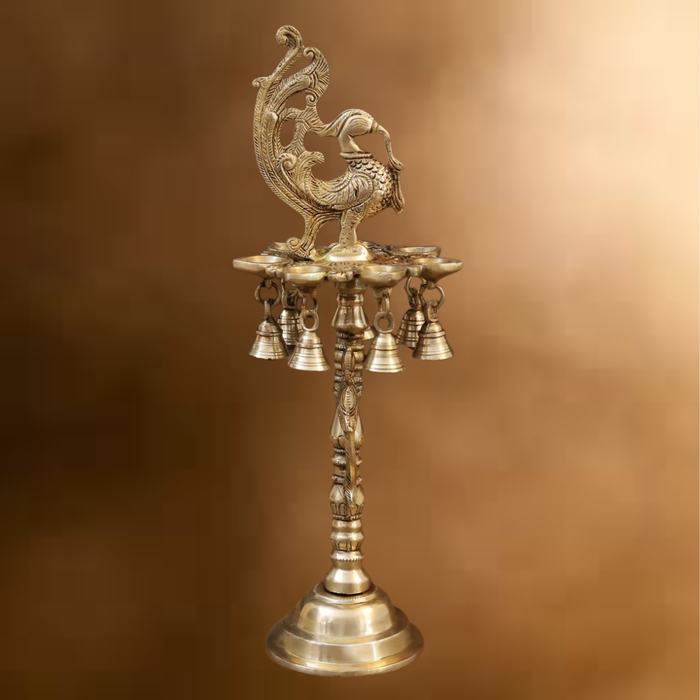 Brass Peacock Diya, with Bells, Fine Golden Finish 16.5"