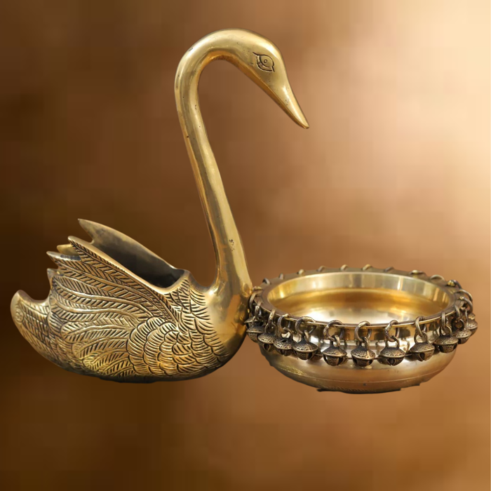 Brass Swan Urli, Golden Finish, 10.5"