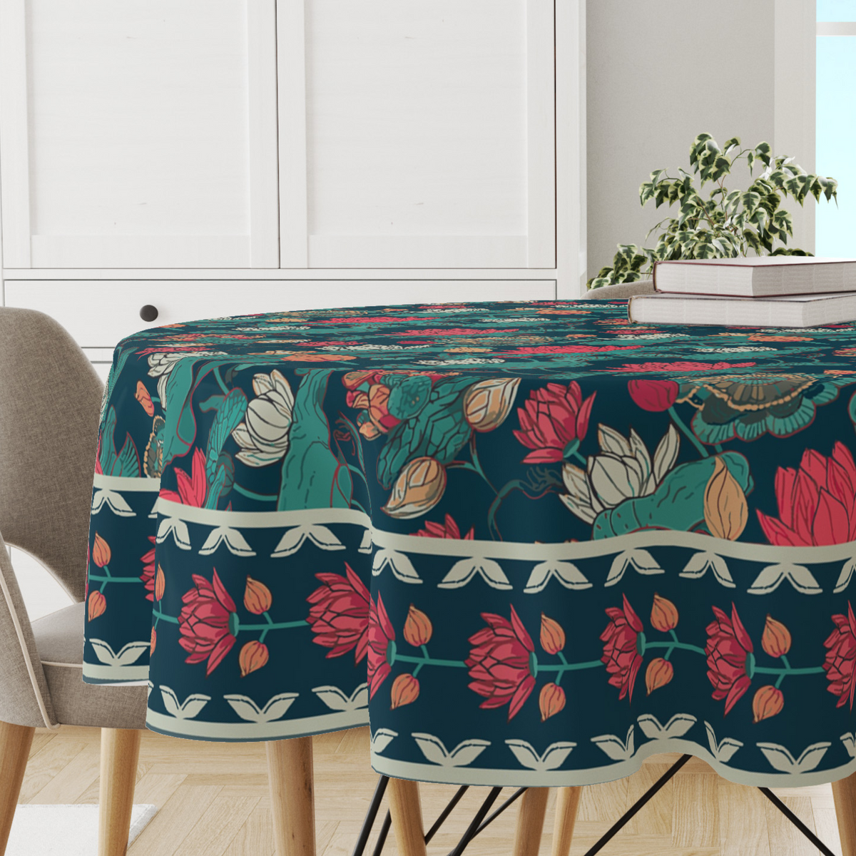 Lotus Blues | Premium Quality | Table Cloth/ Table Linen | Kitchen Linen image 0