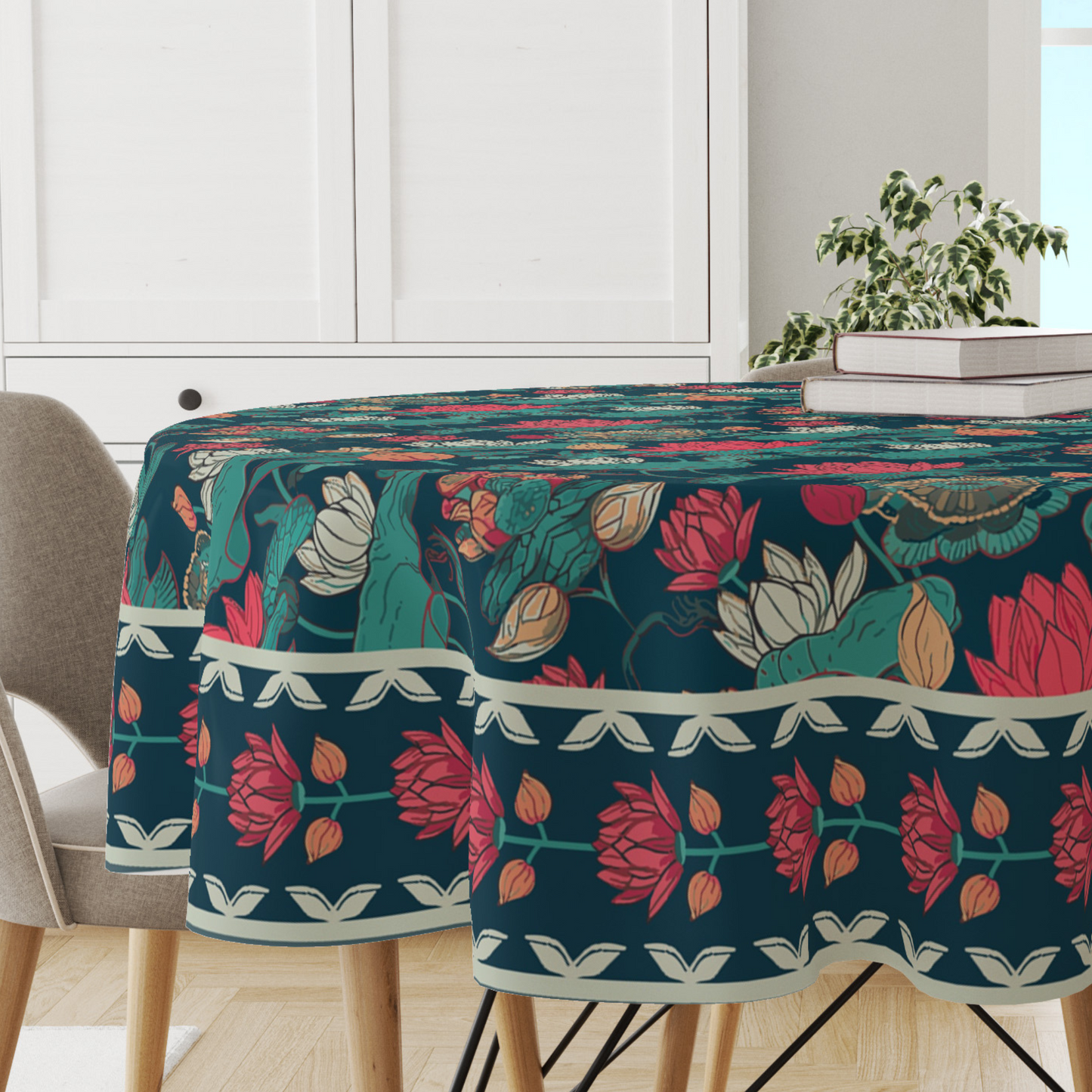 Lotus Blues | Premium Quality | Table Cloth/ Table Linen | Kitchen Linen image 0