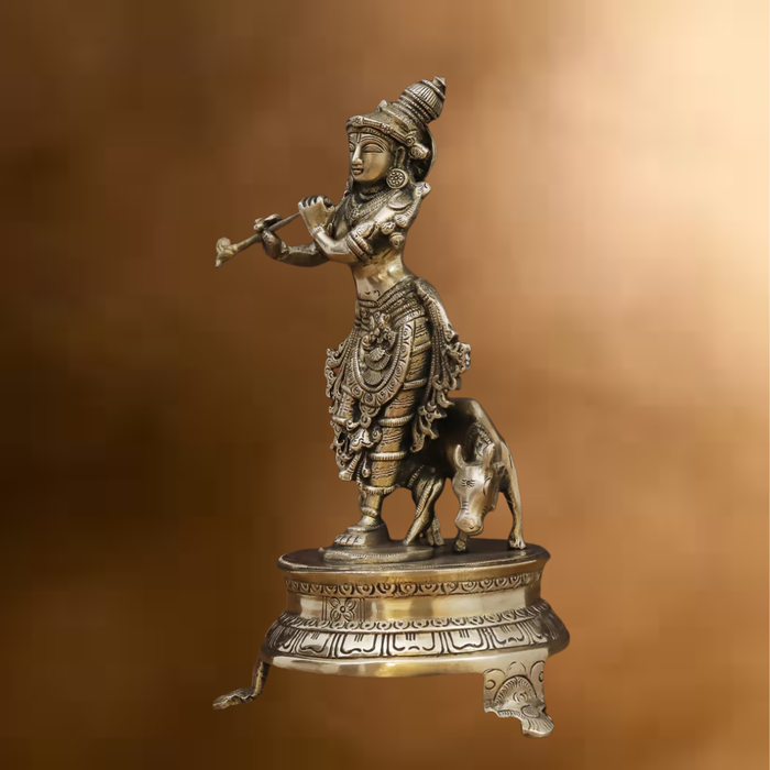 Brass Krishna Idol, Playing Flute Beside Cow, Golden work, 11"