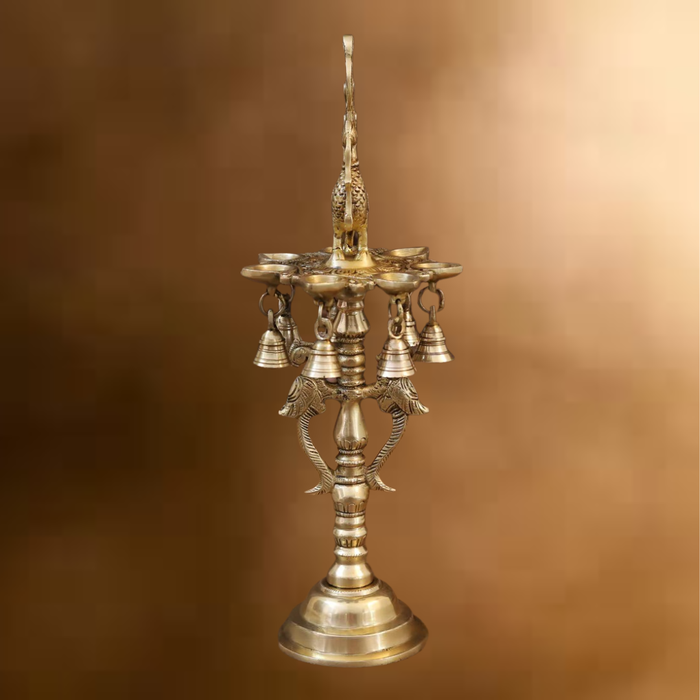 Brass Peacock Diya, with Bells, Fine Golden Finish 16.5"
